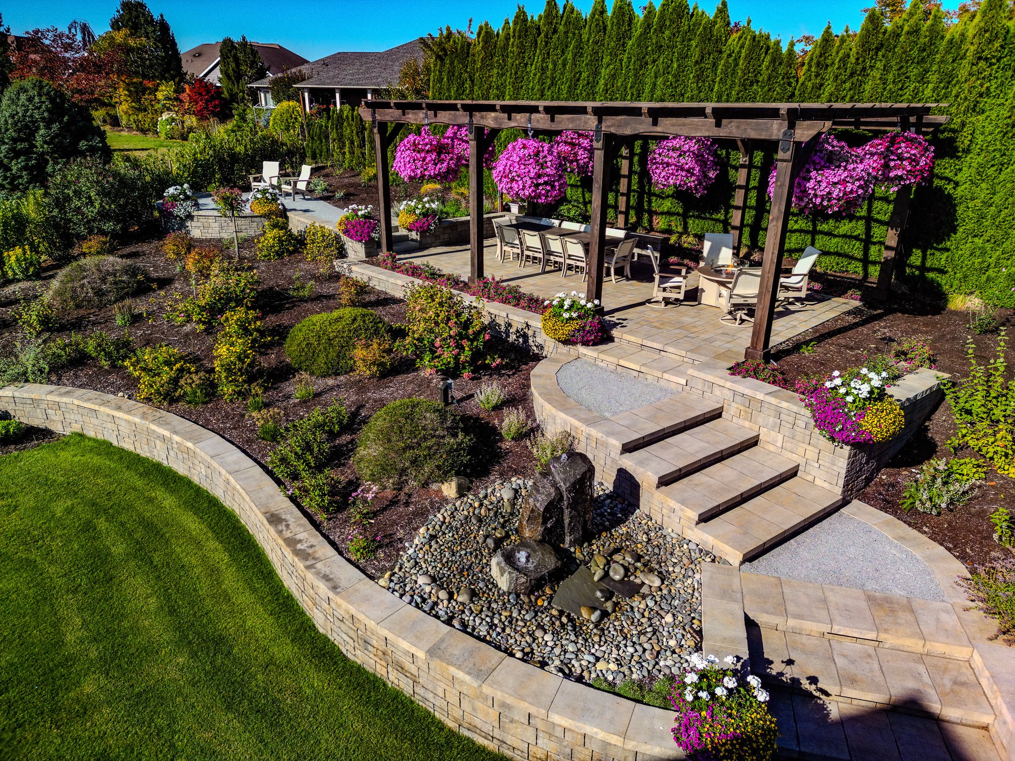Pergola, stone steps, layered planting, and garden pathways